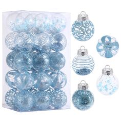 blue and white ornaments are in a clear box