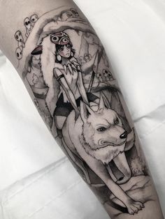 a person with a tattoo on their arm and a wolf in the foreground,