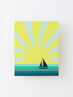 a painting of a sailboat in the ocean on a yellow and blue background with sunbursts