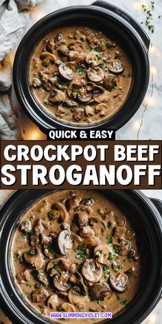 two crockpot beef stroganonoff soups with mushrooms and parsley