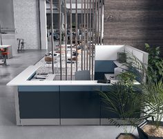 an industrial kitchen with blue cabinets and white counter tops is shown in this image, there are potted plants next to the sink