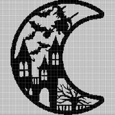 a cross stitch pattern with a black and white image of a castle on the moon