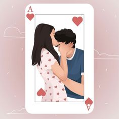 an illustration of a man and woman kissing in front of a pink background with hearts