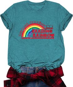 PRICES MAY VARY. Material: Reading rainbow shirt for women is made of cotton blend, the fabric feels soft and comfortable, breathable and elastic, fit. You'll love these book shirts! FEATURE: Reading teacher shirt, funny reading teacher shirts for women. book shirts, book lover shirt, reading tshirt short sleeve, world book day tee book shirts, book lover shirt, reading tshirt short sleeve, world book day tee tops,librarian shirt gift. simple and elegant cute rainbow shirt. OCCASION: These book Cotton Slogan T-shirt, Reading Teacher Shirts, Reading Tshirt, Librarian Shirt, Reading Rainbow, Reading Teacher, Reading Shirts, Book Character, Rainbow Shirt