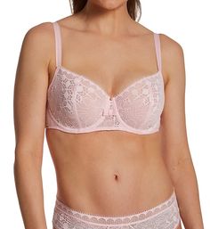 This stunning bra has a flattering neckline with sheer lace cups for a sexy look that takes you from day to night. Made from nylon, elastane, and polyester. Multi-part, underwire cups are unlined (unpadded), with a vertical seam for shape and uplift. Cups are lined with non-stretch tulle to contain breasts and give a full, rounded shape. Balcony neckline has fringed trim and elastic at the edge to keep it in place. Center - arched panel is lined with non-stretch mesh for stability. Sewn-on elast Feminine Full Cup Bra With Delicate Lace, Feminine Underwire Bra With Lace Closure, Feminine Full Cup Bra With Lace Trim, Feminine Full Cup Lace Bra, Feminine Lace Push-up Bra, Feminine Underwire Bra Partially Lined, Feminine Partially Lined Underwire Bra, Feminine Full Coverage Lace Bra, Elegant Pink Bra With Delicate Lace