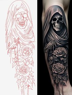 two different tattoos, one with a skull and the other with roses on it's arm