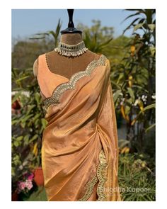 Glamorous peach tissue organza cocktail saree with scalloped border and a matching stitched blouse/ indian designer wedding sari by LabelSnigdhaKapoor on Etsy Tissue Organza Saree, Glamorous Saree, Scalloped Border