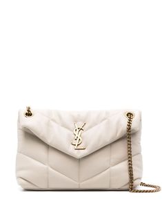 ivory white lambskin leather quilted finish signature YSL logo plaque front flap with magnetic fastening gold-tone hardware internal zip-fastening pocket two sliding leather and chain-link shoulder straps Luxury Cream Shoulder Bag With Logo, Luxury White Shoulder Bag With Logo Plaque, Manifestation List, Ysl Logo, How To Finish A Quilt, Saint Laurent Bag, Small Shoulder Bag, Clothing Ideas, Ivory White