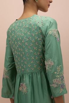 Jade green anarkali with block printed floral motifs, embellished by beads. Comes with pant and dupatta. - Aza Fashions Pista Green Dresses With Printed Motifs For Eid, Green Anarkali Salwar Kameez With Printed Motifs, Pista Green Anarkali Set With Printed Motifs, Anarkali Green Churidar With Printed Motifs, Anarkali Dress In Pista Green With Floral Embroidery, Pista Green Fitted Anarkali Set With Floral Embroidery, Pista Green Anarkali Dress With Floral Embroidery, Fitted Pista Green Anarkali Set With Floral Embroidery, Green Printed Wedding Kurta