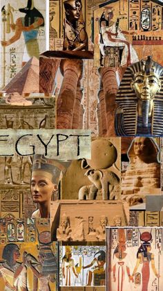 collage of ancient egyptian paintings and pictures with the word egypt written on it in gold