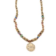 This stunning Gold Good Luck Symbol Necklace is features a unique and eye-catching design that is sure to turn heads. The necklace is crafted with a combination of golden-colored hematite beads and multicolored heart beads, creating a playful and cheerful look. The centerpiece of the necklace is a gold plated pendant that showcases four popular symbols of luck: an elephant, a four-leaf clover, a horseshoe, and an ankh. These symbols are believed to bring good fortune and positive energy to the w Spiritual Gold Crystal Necklaces, Gold Necklaces With Polished Metal Beads, Gold Beaded Metal Necklaces, Gold Festival Jewelry With Metal Beads, Gold Heart Beads Jewelry For Festival, Gold Spiritual Crystal Necklace With Polished Beads, Gold Metal Beaded Necklaces For Festivals, Gold Beaded Necklace With Heart And Round Beads, Gold Hematite Spiritual Jewelry