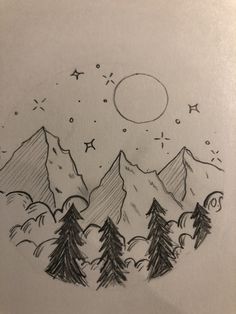 a drawing of mountains and trees with the moon in the sky