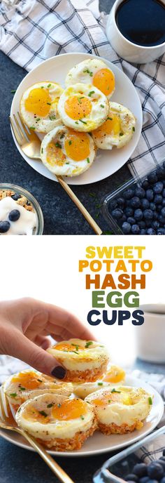 this is an image of sweet potato hash browns with blueberries and coffee in the background