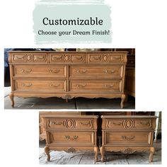 an old dresser with the words customizable choose your dream finish on top and bottom