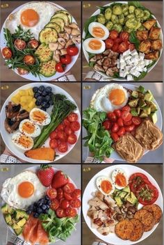 four pictures show different types of food on plates, including eggs, vegetables and fruit