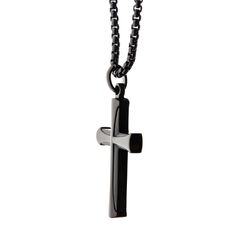 Men's Stainless Steel Apostle Cross Pendants Classic Black Box Chain Necklace, Black Cross Pendant For Formal Occasions, Black Stainless Steel Jewelry With Black Enamel, Classic Black Cross Jewelry, Black Engraved Cross Pendant Necklace, Black Cross Pendant Necklace For Formal Occasions, Modern Black Necklace With Box Chain, Black Metal Necklace With Polished Finish, Modern Black Stainless Steel Jewelry