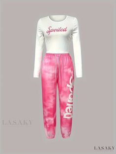 Lasaky - Womens Fall & Winter Tie Dye Drawstring Pants - Casual Loose Fit with Letter Print Design, Stylish and Cozy Womens Clothing Summer Loungewear Pants With Letter Print, Summer Letter Print Loungewear Pants, Spring Stretch Sweatpants With Letter Print, Pink Letter Print Bottoms For Leisure, Spring Leisure Pants With Letter Print, Spring Letter Print Loungewear Pants, Pink Letter Print Sweats With Relaxed Fit, Pink Letter Print Relaxed Fit Sweats, Pink Winter Sweats With Letter Print