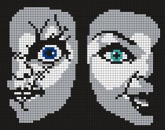 two pixellated images of the same person's face with blue and green eyes