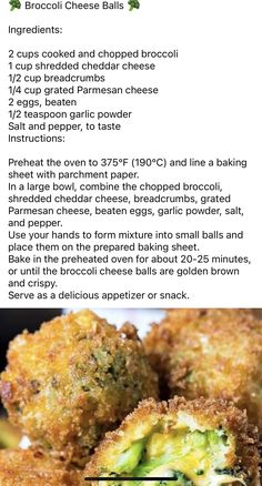 broccoli cheese balls recipe with instructions on how to make them in the oven