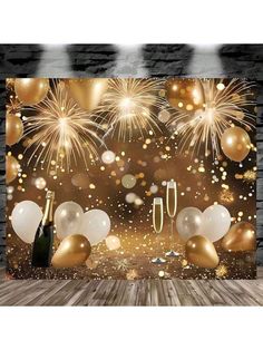 an image of fireworks and champagne with balloons