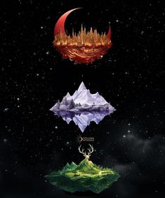 three different types of mountains and trees in the night sky with stars above them, as if they were floating on water