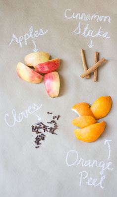 apples, orange peels and cinnamon sticks are arranged on a piece of paper