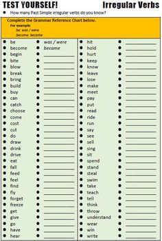 a printable test sheet for irregular verbs