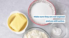 three bowls with different types of food in them on a white counter top next to each other