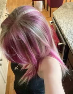 Different Colored Highlights, Blonde With Pink Chunky Highlights, Chunky Purple Highlights On Blonde Hair, Hot Pink Streaks In Blonde Hair, Chunky Highlights With Color, Blond Hair Dye Ideas, Pink Hair With Blue Highlights, Colored Highlights On Blonde Hair, Hot Pink Chunky Highlights