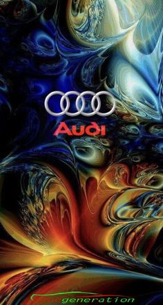 an abstract painting with the word audi in red and blue, surrounded by swirling swirls