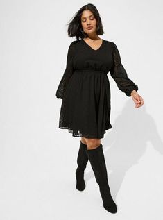 Dress Images, Black Lace Dress, Torrid Dresses, Versatile Dresses, Plus Size Womens Clothing, Embellished Dress, Cinched Waist, Babydoll Dress, Long Sleeve Lace