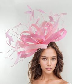 Hot Pink and Candy Pink Statement Ascot Fascinator Hatinator Derby Womens Ascot Headwear Ladies Day Hats Formal Feather Headpiece High Tea Party Kentucky Hot Pink and Candy Pink Two Tone Ostrich Sinamay & Feathers Fascinator Hat Gorgeous Hot Pink and Candy Pink Two Tone sinamay loops trimmed with lots of matching feathers Measures about 16 Inches wide This hot pink fascinator is mounted with a matching headband. If you prefer a headband to match your hair, please make a note at check out what co Spring Evening Mini Hat With Feathers, Spring Fascinator With Pinched Crown, Spring Feather Headband For Races, Spring Pinched Crown Fascinator, Spring Party Headpieces With Feathers, Spring Evening Costume Hat With Feathers, High Crown Fascinator For Royal Ascot Party, Pink High Crown Costume Hat For Party, Feathered Headpieces For Spring Races