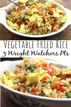 vegetable fried rice in a white bowl with peas and carrots