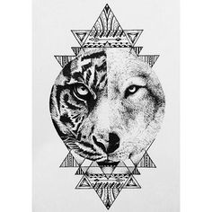 a black and white drawing of a tiger's face in a geometric pattern with triangles