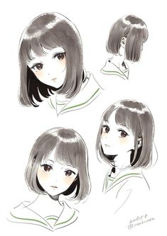 three different views of a woman's face with short, straight hair and bangs