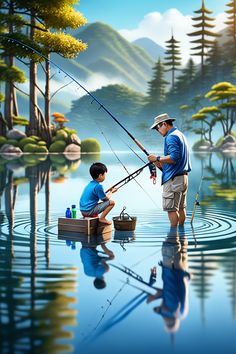 a father and son fishing in the lake with their reflection on the water as they look at each other