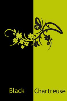 black and chartreuse with flowers on the left side, in green and black