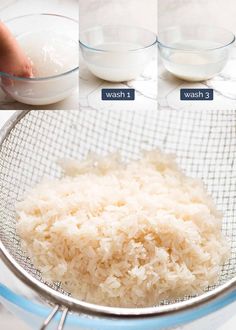 rice in a strainer with measuring cups next to it