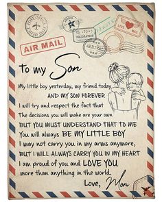 an air mail letter with the words to my son written in cursive writing