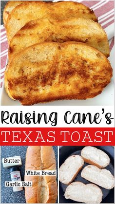 some food that is on a plate and in the middle of it with words reading raising cane's texas toast