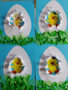 four paper plates with cut out images of chicks on them