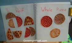 the pizzas are cut into slices and put on their own book pages to make them look like they're half eaten