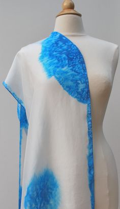 Blue and white hand painted silk scarf. OOAK. White Hand Painted Silk Scarf Gift, White Artistic Handmade Scarves, Artistic Handmade White Scarves, Artistic Hand Painted White Scarf, Artistic Hand-painted White Scarf, Artistic Hand Painted White Scarves, White Handmade Artistic Silk Scarf, Artistic White Handmade Silk Scarf, Artistic Handmade White Silk Scarf