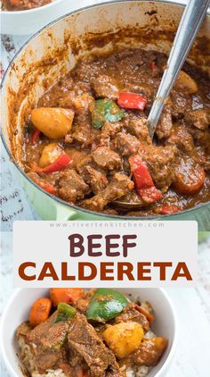 beef and vegetable stew in a white bowl with the title overlay reads beef caldereta