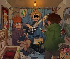 two boys are playing guitar in a messy room