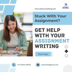 a woman sitting at a desk writing on a piece of paper with the words stuck with your assignment? get help with your assignment writing