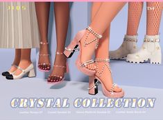 several pairs of women's high heeled shoes with pearls on the toes and ankles