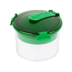 a plastic container with a green lid