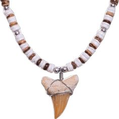 White Jewelry With Wooden Beads, White Jewelry With Round Wooden Beads, Nickel-free White Necklace With Round Beads, White Nickel-free Necklace With Round Beads, Adjustable Nickel Free White Necklace, Adjustable Nickel-free White Necklace, Shark Pendant, Shell Beads Necklace, Shark Tooth