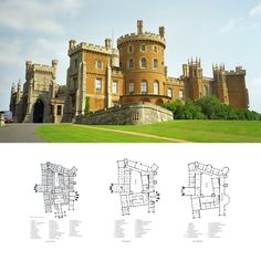 an image of a castle with plans on the front and back side, in three different directions